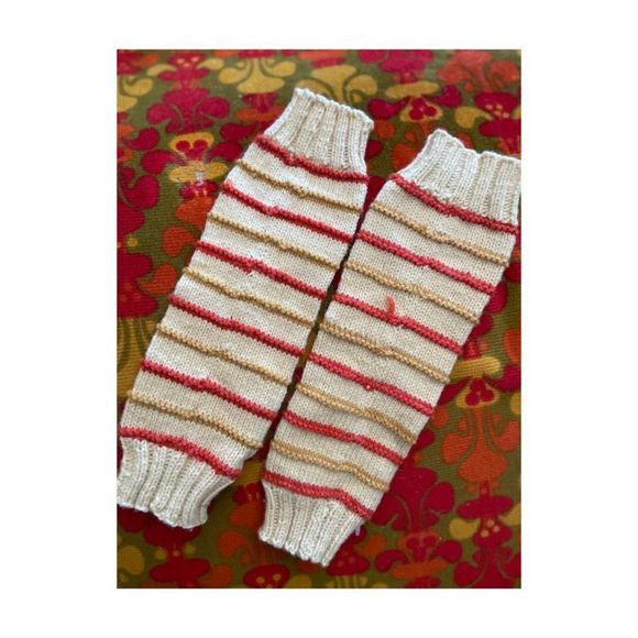 Vintage Knit Legwarmers 70s 80s Ivory Red Yellow Retro - Picture 3 of 3